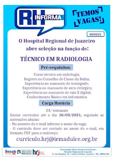 Hospital Regional de Juazeiro abre processo seletivo para a vaga de técnico em radiologia