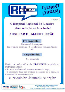 Hospital Regional de Juazeiro abre processo seletivo para a vaga de auxiliar de manutenção