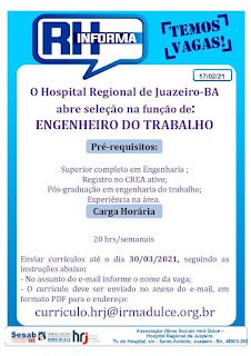 Processo seletivo para admissão de fonoaudiólogo e engenheiro do trabalho é aberto no Hospital Regional de Juazeiro