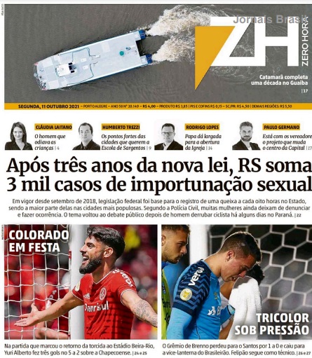 Leia o Jornal Zero Hora do dia 11.10.2021