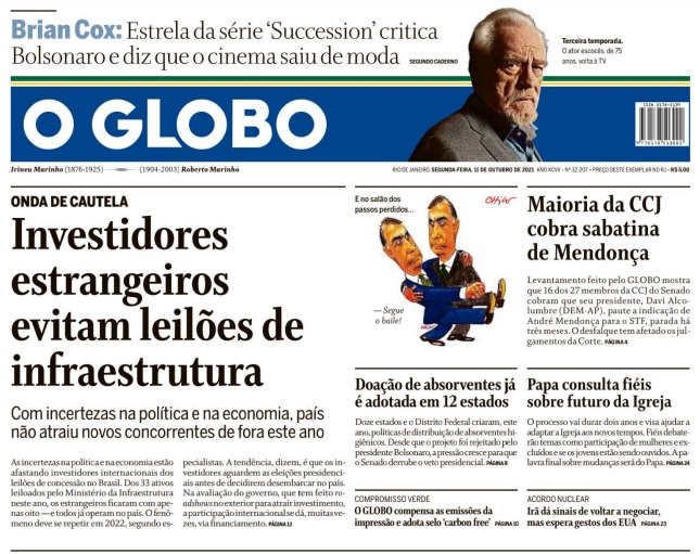 Leia o Jornal O Globo do dia 11.10.2021