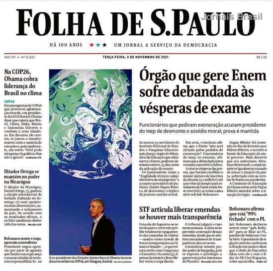 Leia o Jornal Folha de São Paulo do dia 09.11.2021