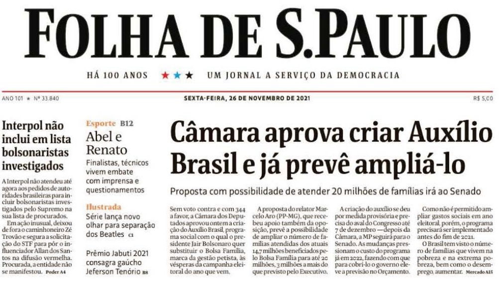 Leia o Jornal Folha de São Paulo do dia 26.11.2021