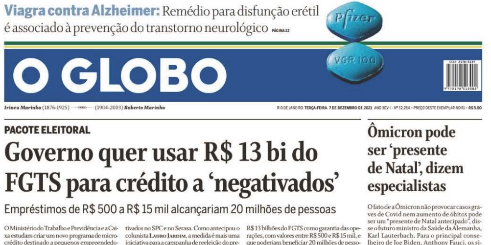 Leia o Jornal O Globo do dia 07.12.2021