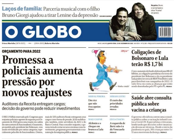 Leia o Jornal O Globo do dia 23.12.2021