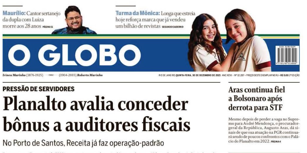 Leia o Jornal O Globo do dia 30.12.2021