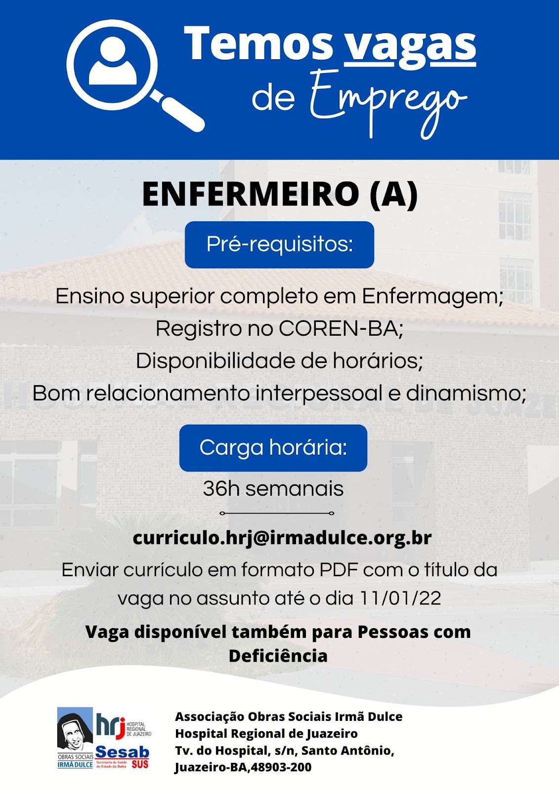 Hospital Regional de Juazeiro abre processo seletivo para a vaga de enfermeiro (a)