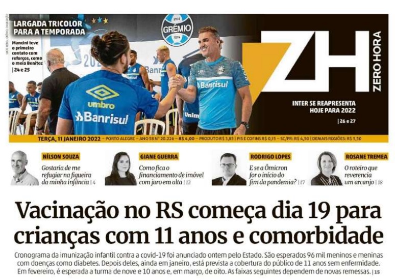 Leia o Jornal Zero Hora do dia 11.01.2021