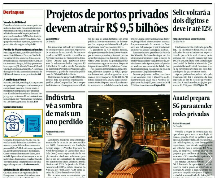 Leia o Jornal Valor Econômico do dia 31.01.2022