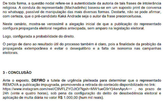 Justiça Eleitoral Determina Remoção de Vídeo do Instagram com Críticas ao Pré-Candidato em Canindé