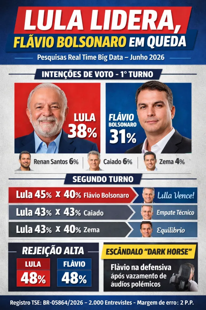 Lula cresce e lidera pesquisa Real Time e Flávio Bolsonaro recua após escândalo