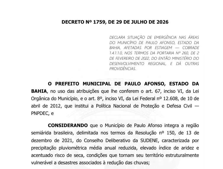  Prefeito Mário Galinho decreta emergência em Paulo Afonso, mas medidas levantam críticas 