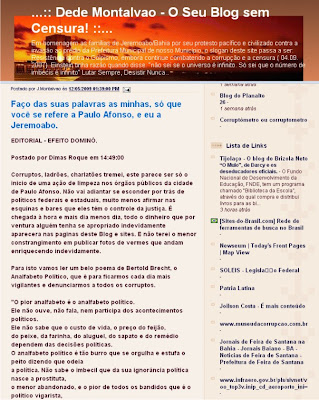 BLOGUEIRO DE JEREMOABO, DEDÉ MONTALVÃO REPERCUTE NOSSO EDITORIAL.