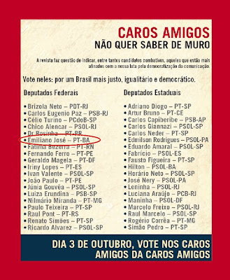 REVISTA CAROS AMIGOS PEDE VOTO PARA EMILIANO JOSÉ. O ÚNICO DA BAHIA.