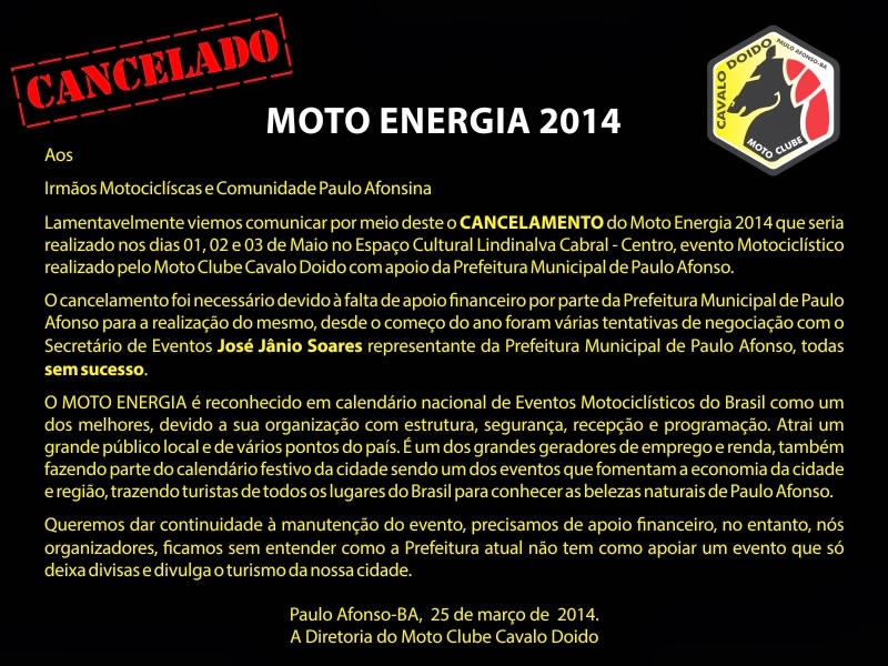 Cancelado o Moto Energia em Paulo Afonso na Bahia.