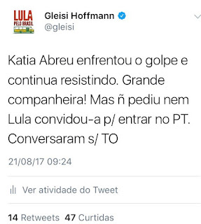 Lula não conversou com Kátia Abreu sobre o PT.