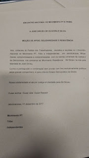Foi aprovada Moção de Apoio a Zé Dirceu no Encontro Nacional do Movimento PT e Tribo em Jaboticatubas