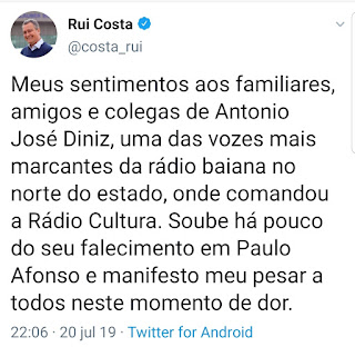 Rui Costa se solidariza com a família de Antônio José Diniz