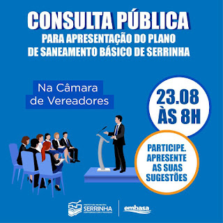 Plano de Saneamento Básico de Serrinha será apresentado amanhã na Câmara Municipal