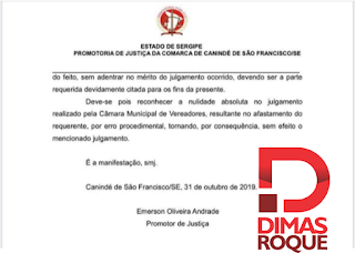 Ministério Público de Sergipe pede nulidade absoluta da votação na Câmara de Canindé/Se que cassou o Prefeito Ednaldo da Farmácia