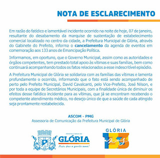 Prefeitura de Glória-BA emite Nota de Esclarecimento após desabamento de marquise durante evento