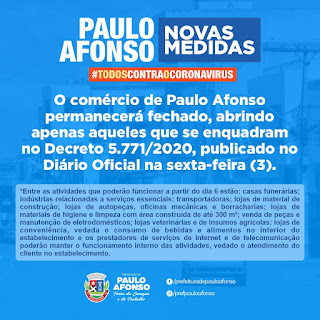 Comércio de Paulo Afonso continuará fechado